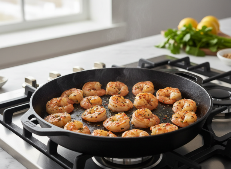 Snappy Shrimp Tacos with Cilantro Lime Sauce 5 Spiced shrimp searing in a single layer in a cast iron skillet