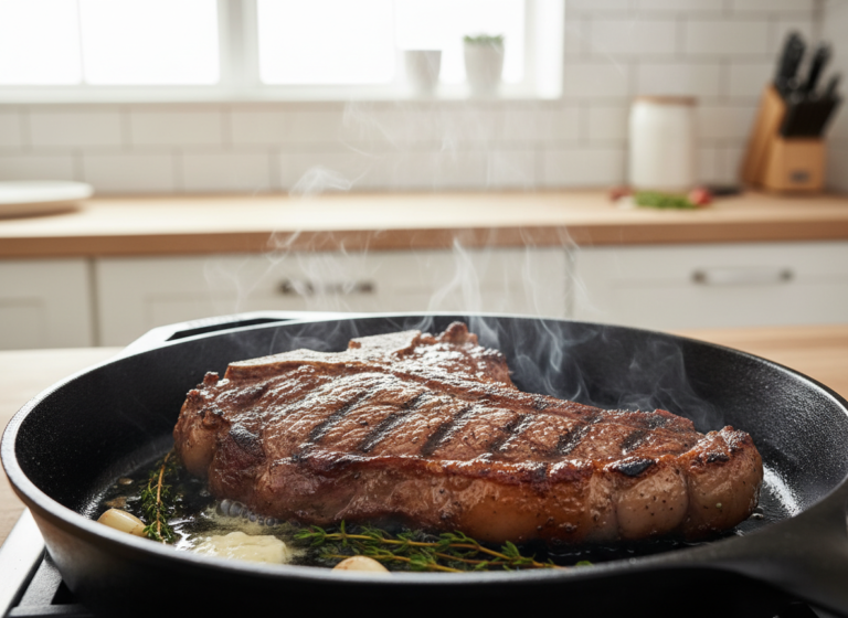 Enameled vs Bare Cast Iron: Which Should You Buy First? 3 Steak searing in a bare skillet, the high-heat job that settles enameled vs bare cast iron