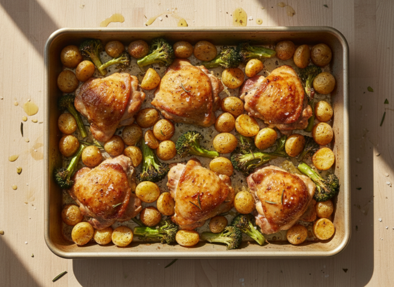 Sheet pan dinner of roasted chicken thighs, potatoes and broccoli