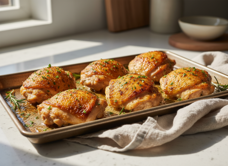 Sheet pan of roasted boneless chicken thighs