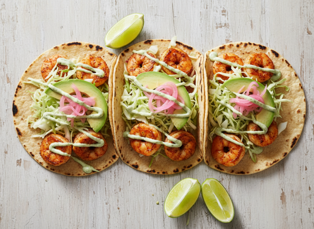 Shrimp tacos with cabbage, avocado, pickled onions and cilantro lime sauce