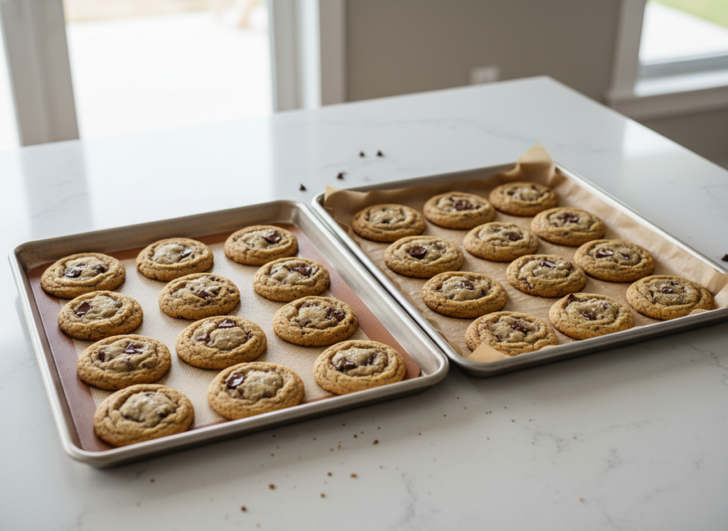 Silicone baking mat and parchment paper side by side on sheet pans