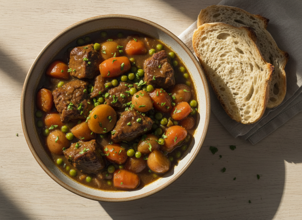 Bowl of slow cooker beef stew with tender beef, carrots, potatoes and peas