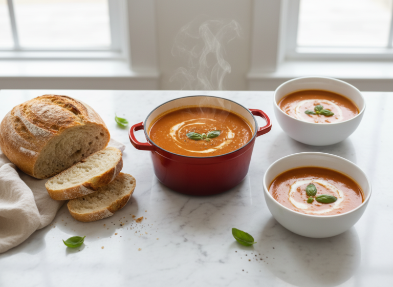 Small enameled Dutch oven of tomato soup served for two