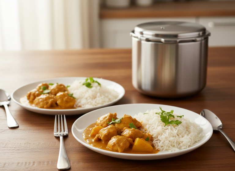 Two plates of chicken curry and rice with a small electric pressure cooker in the background