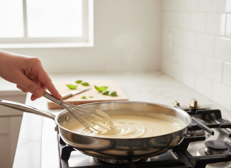 Smooth Parmesan cream sauce being whisked in a skillet