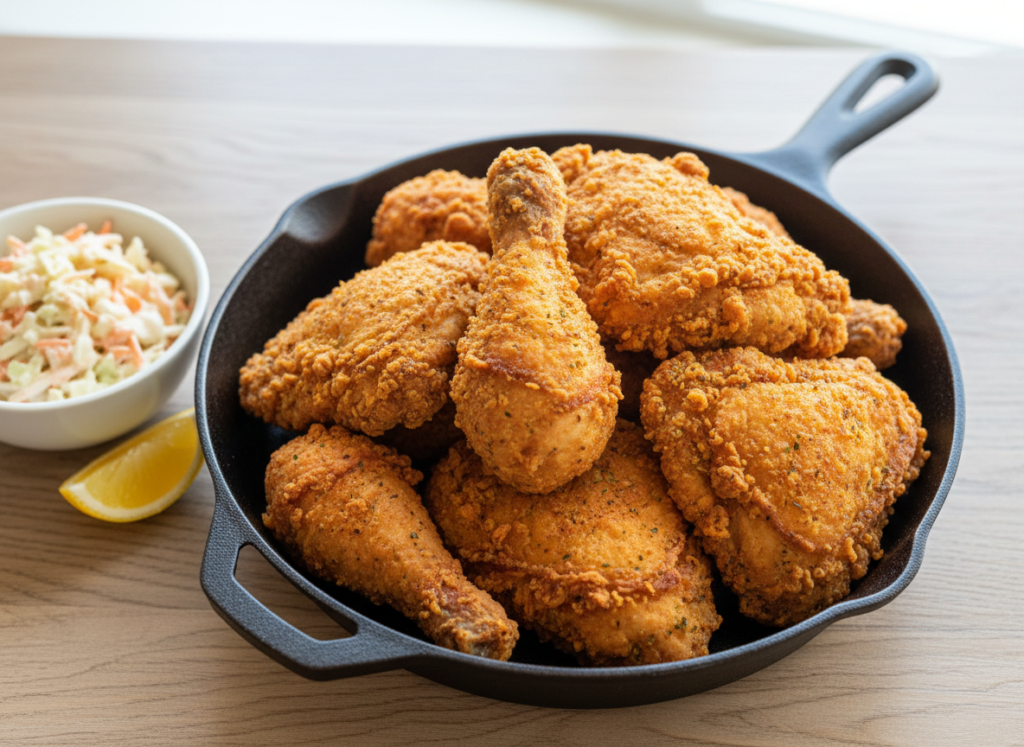 Southern fried chicken pieces piled in a black cast iron skillet