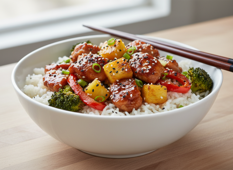 Sheet Pan Teriyaki Chicken and Pineapple with Sticky, Charred Edges 7 Bowl of rice topped with teriyaki chicken, pineapple and roasted vegetables