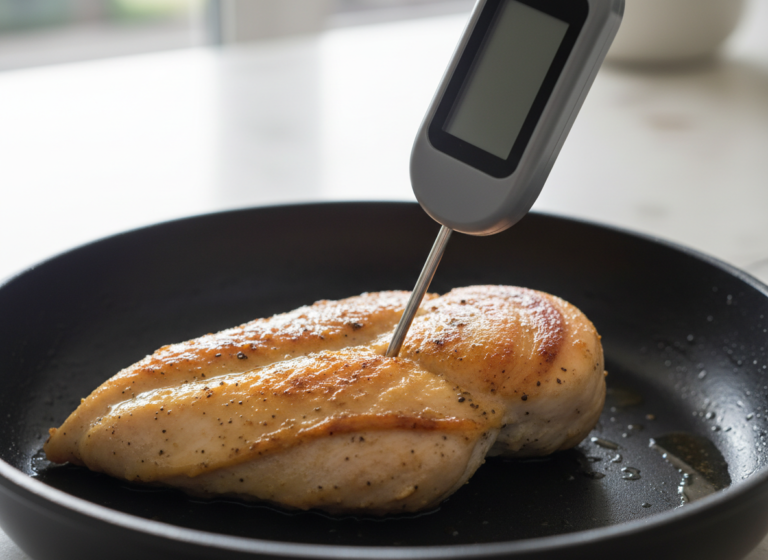 Instant-read thermometer checking a seared chicken breast in a skillet