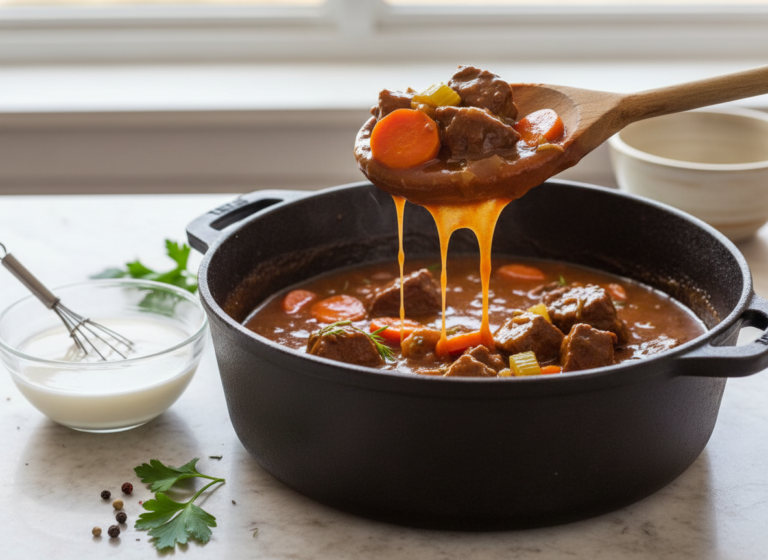 Why Is My Slow Cooker Beef Stew Tough? How to Make It Fork-Tender 7 Ladle lifting thickened beef stew gravy with beef and carrots