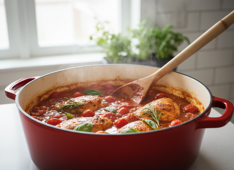 Enameled vs Bare Cast Iron: Which Should You Buy First? 5 Tomato and wine braise simmering in an enameled cast iron Dutch oven