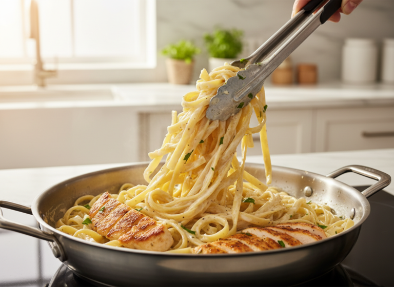 Chicken alfredo being tossed with tongs in a stainless steel skillet