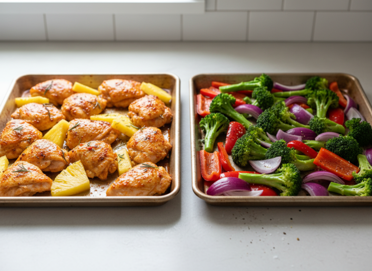 Sheet Pan Teriyaki Chicken and Pineapple with Sticky, Charred Edges 5 Chicken and pineapple on one sheet pan and vegetables on a second pan, ready to roast