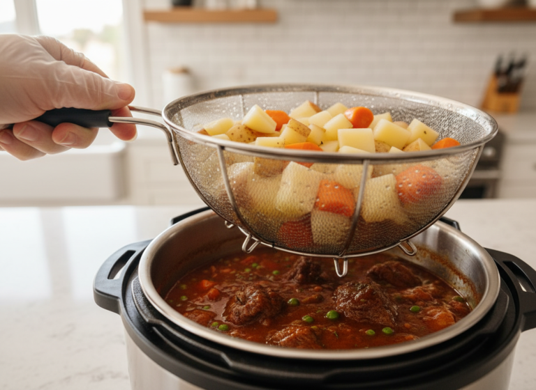 Potatoes and carrots added to a pressure cooker after the beef, for a two-stage cook