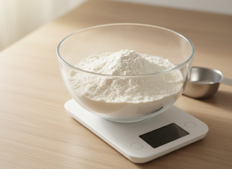 Flour weighed in a glass bowl on a digital scale, one of the baking tools for beginners