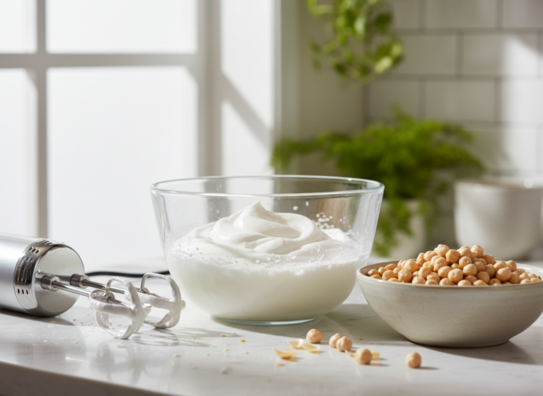 What Can I Use Instead of Eggs in Baking? 9 Swaps, Measured 4 Aquafaba whipped to soft white peaks in a glass bowl next to drained chickpeas