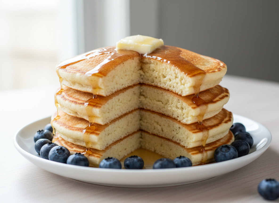 Tall stack of thick buttermilk pancakes with butter and maple syrup
