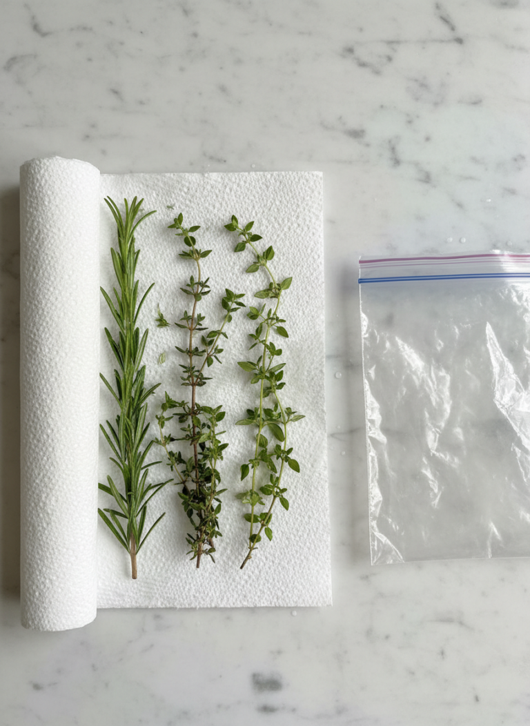 How to Store Fresh Herbs: Which Go in Water, Which Get a Towel? 4 Rosemary and thyme sprigs rolled in a damp paper towel before going into a bag