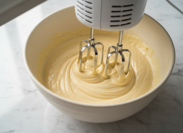 How to Choose a Hand Mixer: 6 Specs That Matter 4 Hand mixer beaters mixing vanilla cake batter in a ceramic bowl