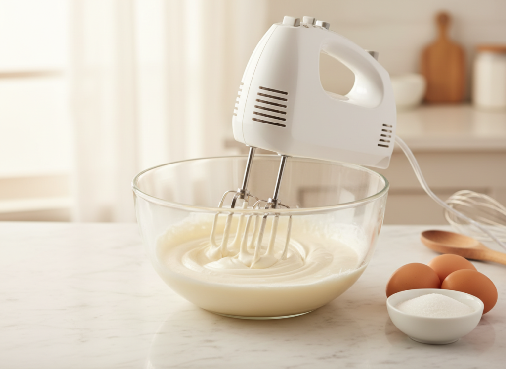 How to choose a hand mixer: electric hand mixer whipping cream in a glass bowl
